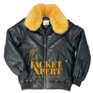 Black leather V bomber jacket with fur collar by The Jacket Xpert.