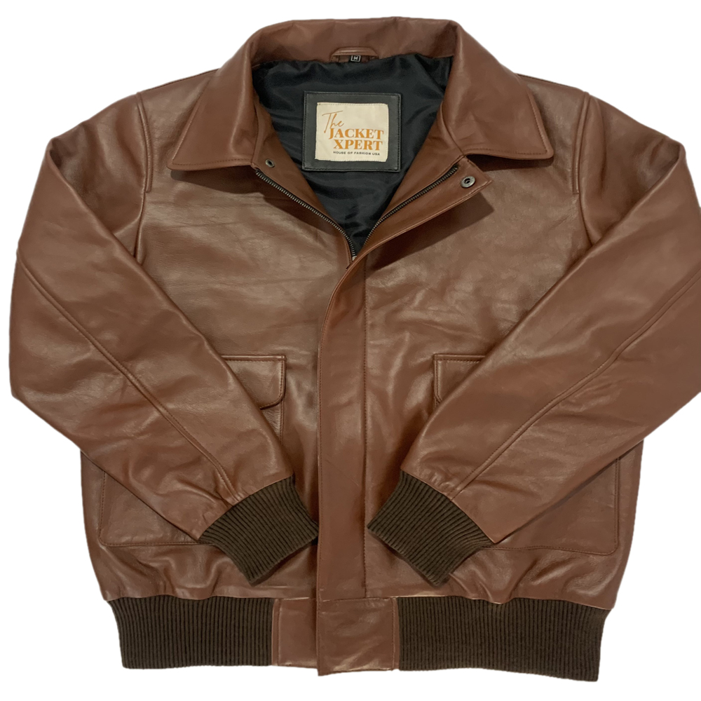 Men’s Genuine Brown Leather Bomber Jacket.