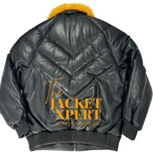 Black leather V bomber jacket with fur collar by The Jacket Xpert.