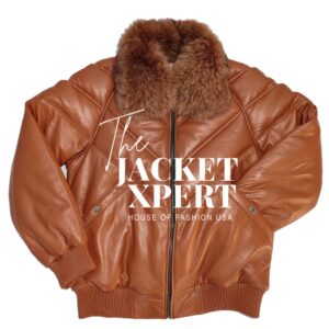 Brown lambskin bubble V bomber jacket with fur collar by The Jacket Xpert.