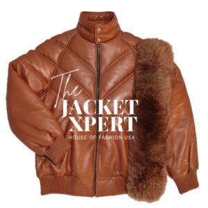 Brown lambskin bubble V bomber jacket with fur collar by The Jacket Xpert.