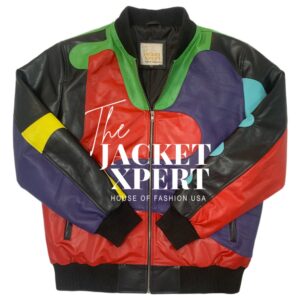 Multicolor leather bomber jacket with geometric panels by The Jacket Xpert.