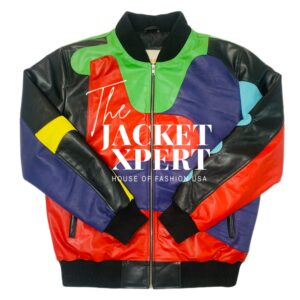 Multicolor leather bomber jacket with geometric panels by The Jacket Xpert.