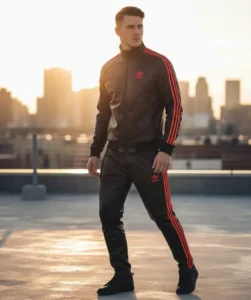 Adidas black leather tracksuits with red stripes by The Jacket Xpert.
