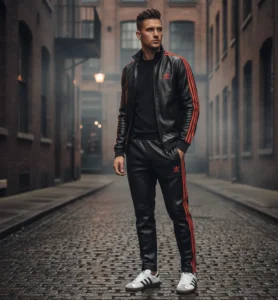 Adidas black leather tracksuits with red stripes by The Jacket Xpert.