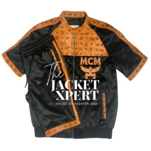 Black and orange MCM leather & velour short suit by The Jacket Xpert.