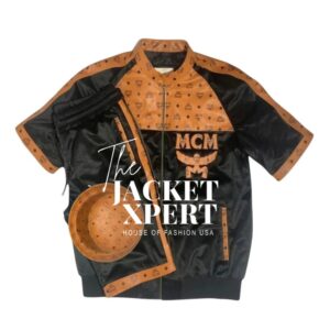 Black and orange MCM leather & velour short suit by The Jacket Xpert.