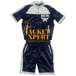 Dark blue and white MCM clothing set with gold branding by The Jacket Xpert.