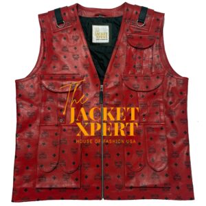 Red MCM leather vest with logo pattern by The Jacket Xpert.