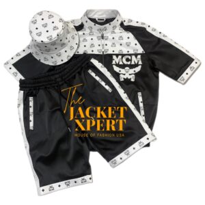 Black and white MCM style short suit with gold branding by The Jacket Xpert.