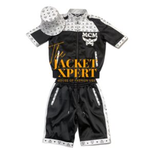 Black and white MCM style short suit with gold branding by The Jacket Xpert.