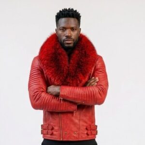 Men’s red leather moto jacket with fur collar by The Jacket Xpert.