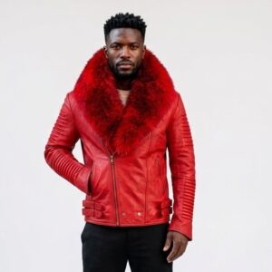 Men’s red leather moto jacket with fur collar by The Jacket Xpert.
