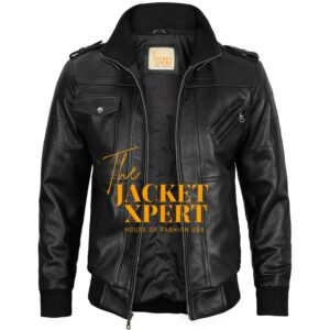 Black hooded leather jackets in bomber and moto styles by The Jacket Xpert.