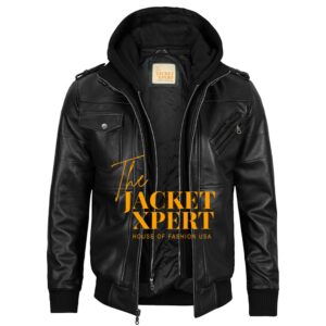 Black hooded leather jackets in bomber and moto styles by The Jacket Xpert.