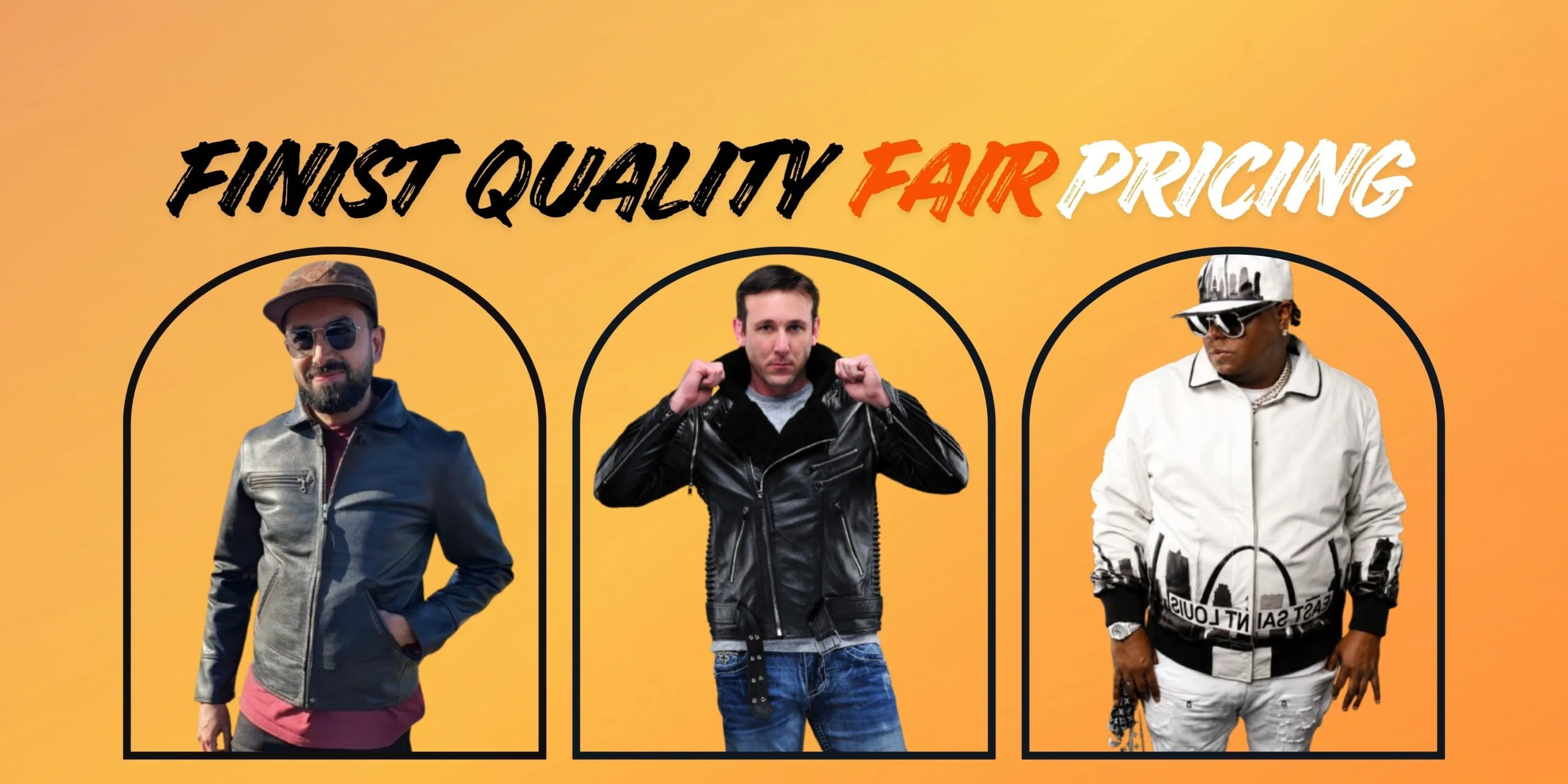 Three models in stylish jackets by The Jacket Xpert against orange background.